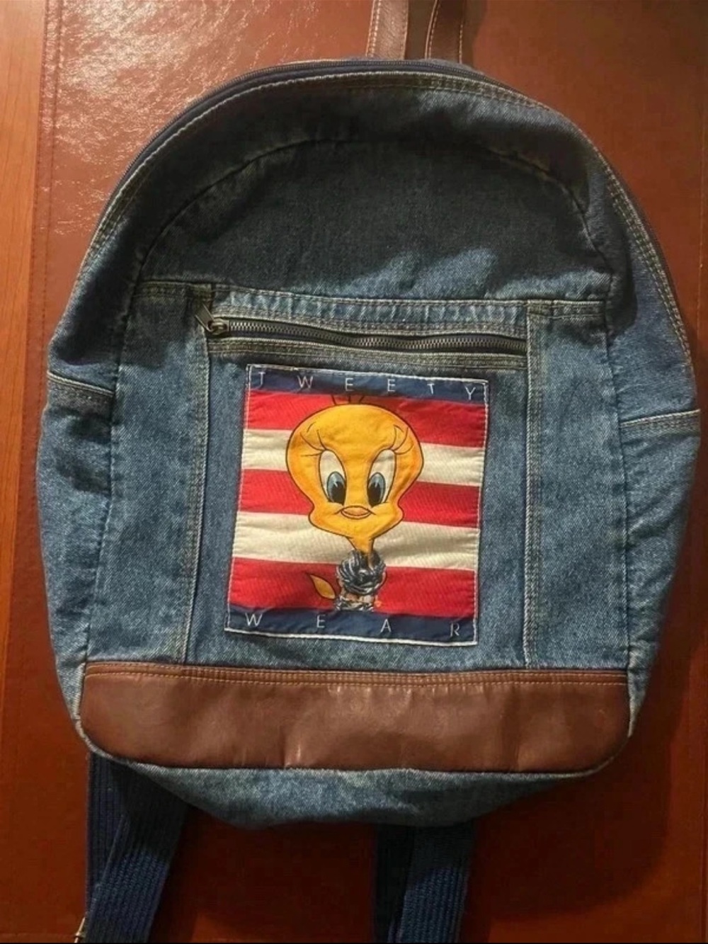 Vintage Denim Tweety Patch Backpack with Brown Trim